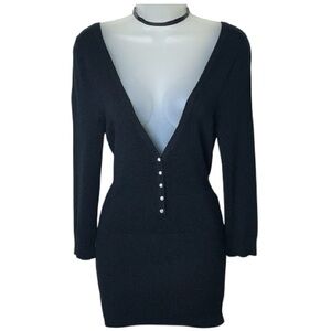 Y2K Diamond Button Up Deep V Neck Plunge Ribbed Hem Long Cardigan Black XS Cozy